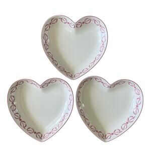 3pc Valentines Day Heart Shaped Ceramic Bowls with Pink Bow Border New